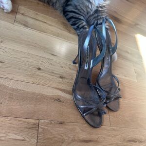 Manolo Blahnik strappy, silver heels. Size 41